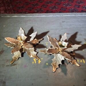 Vintage Solid Brass Holly Leaf Tapered Candle Holders Christmas Table Home Decor